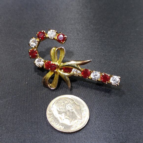Eisenberg Ice Candy Cane Brooch, Red Clear Rhinestones, Vintage Jewelry - Picture 8 of 10